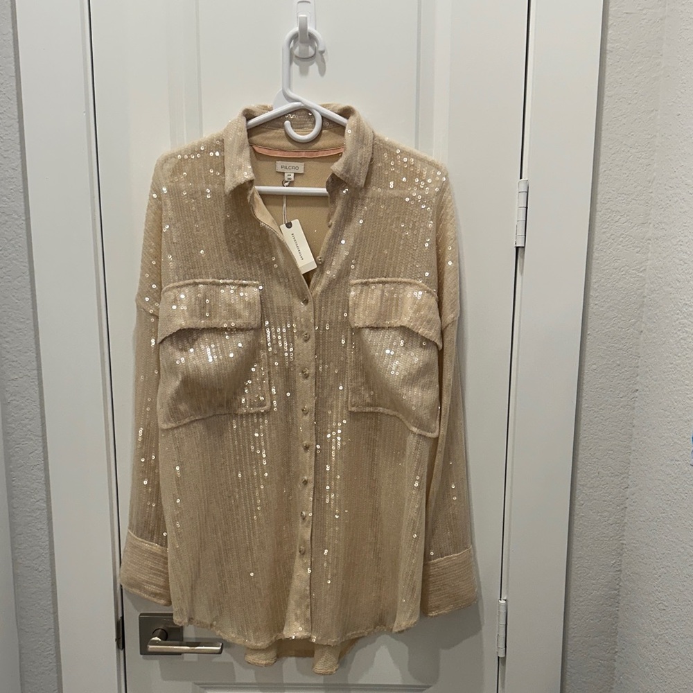 Anthropologie Pilcro Beige Sequin Shirt-SEE MEASUREMENTS
